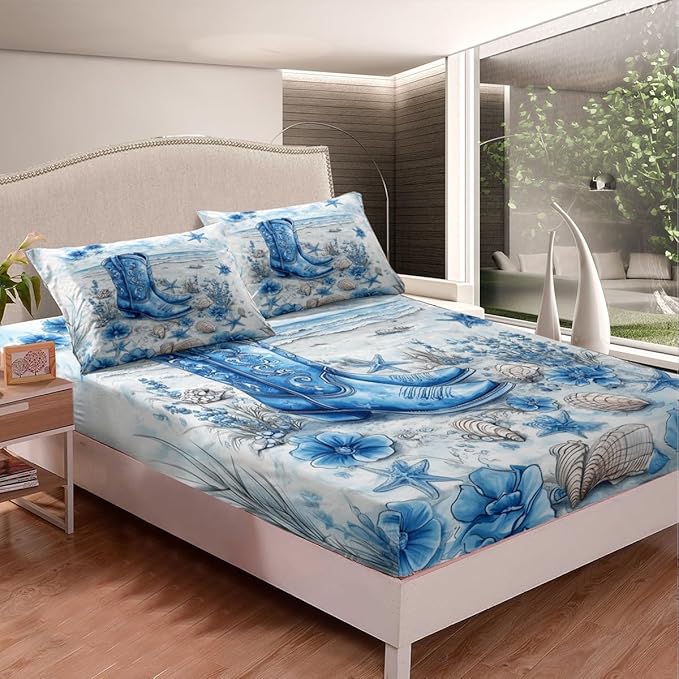 Cowboy Boots Bedding Set Twin Size Western Tribal Blue Flowers Bed Set for Teens Kids Sheet Seaside Beach Shell Conch Watercolor Tie Dye Paint Bed Cover(1 Fitted Sheet+1 Pillow Case)