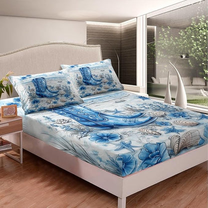 Cowboy Boots Bedding Set Twin Size Western Tribal Blue Flowers Bed Set for Teens Kids Sheet Seaside Beach Shell Conch Watercolor Tie Dye Paint Bed Cover(1 Fitted Sheet+1 Pillow Case)