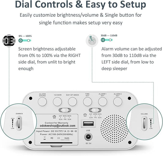 Digital Dual Alarm Clock for Bedroom, Easy to Set, 0-100% Dimmer, USB Charger, 5 Sound Adjustable Volume, Weekday/Weekend Mode, Snooze, 12/24Hr, Battery Backup, Compact Clock for Bedside(White)