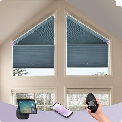 Graywind Smart Angled Blinds Compatible with Alexa Google Motorized Right Trapezoid Shades Solar Powered Customized for Odd-Shaped Window (Blackout Blue)
