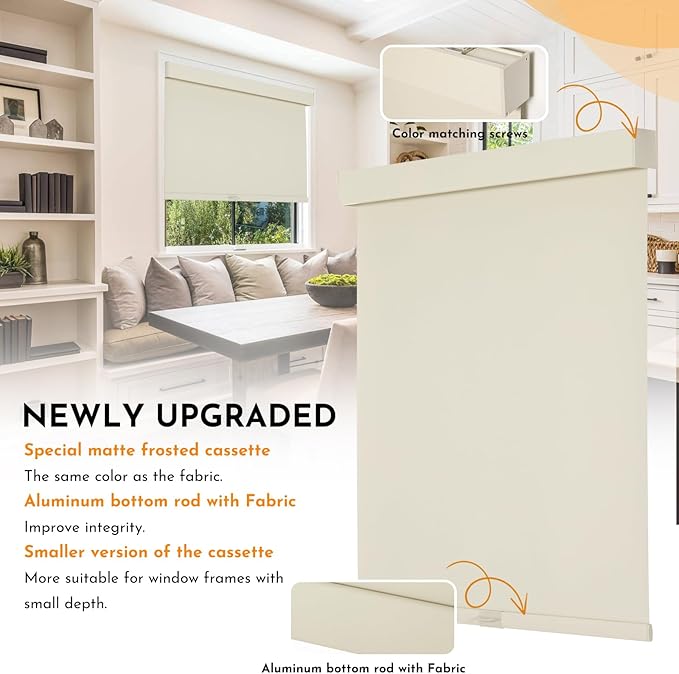 Persilux Cordless Blackout Roller Shades for Windows, Pull Down Blinds With Valance, Thermal Insulated Fabric, Free-Stop for Home, Door and Bedroom (Beige, 34.5"W x 64"H)