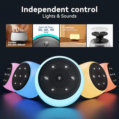 White Noise Sound Machine with 7 Colors Night Light 34 Soothing Sounds, Portable Sound Machine for Baby Adults Kids Sleep with 30 Volume Levels 4 Timers Adjustable Brightness (Black)