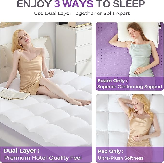 SINWEEK Dual Layer 5 Inch Memory Foam Mattress Topper Full Size, 3 Inch Gel Memory Foam Plus 2 Inch 1450 GSM Double Bed Pillow Top Mattress Pad Cover, White