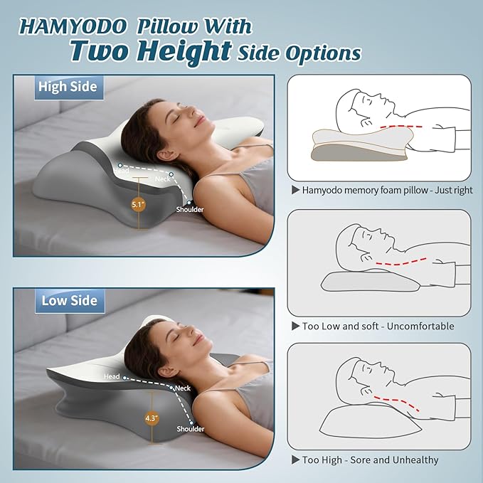 Cervical Neck Pillow for Pain Relief, Bed Pillows for Sleeping, Ergonomic Cooling Pillow, Orthopedic Contour Pillow for Side Back Stomach Sleepers,Neck Support Memory Foam Pillows (White&Grey)