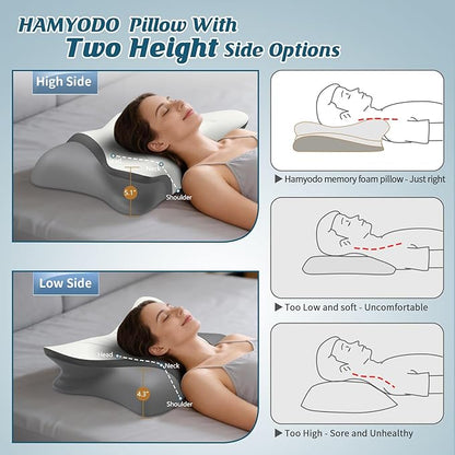 Cervical Neck Pillow for Pain Relief, Bed Pillows for Sleeping, Ergonomic Cooling Pillow, Orthopedic Contour Pillow for Side Back Stomach Sleepers,Neck Support Memory Foam Pillows (White&Grey)