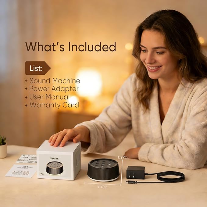 Kipcush White Noise Machine for Sleeping Baby & Adults – 26 Soothing Sounds, 8 Night Light Colors, Tap Control, Memory & Timer, Portable Sound Machine for Nursery, Bedroom & Travel