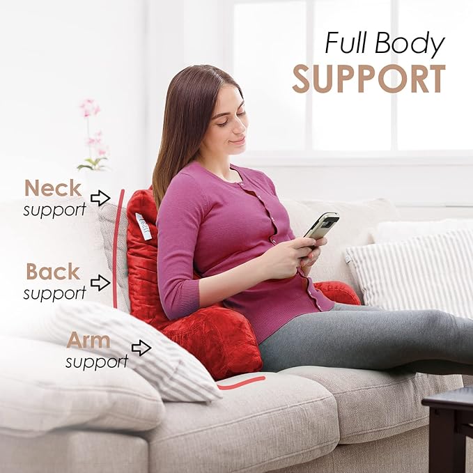 Nestl Reading Pillow for Kids & Teens with Shredded Memory Foam, Backrest Pillows for Reading, Watching, and Gaming, Use on The Couch, Bed, or Floor, Adjustable Support with Washable Cover Cherry Red