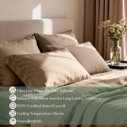 Eucalyptus Sheets - Infused with Silver for Anti-Odor, Softer Than Silk Fibers, More Cooling Than Cotton - Perfect for Hot Sleepers & Sensitive Skin - 100% Tencel Lyocell - Cali-King Sheet Set