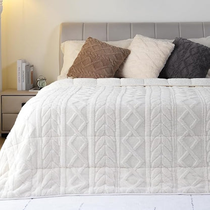 Cottonblue Jacquard Weighted Blanket 15lbs for Queen Ded - Ultra Soft, Cozy Comfort Sherpa Blanket for Relax and Sleep, Heavy Bed Blankets with Cemaric Beads, 60x80 in 17 lbs, Cream White