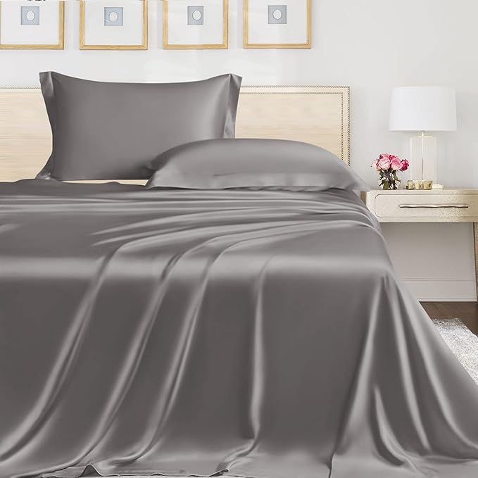 LINENWALAS Full Flat Sheet Only - Rayon Derived from Bamboo Silk Bed Sheet, Premium Breathable Cooling Sheet, Soft Top Sheet (Full, Light Grey)
