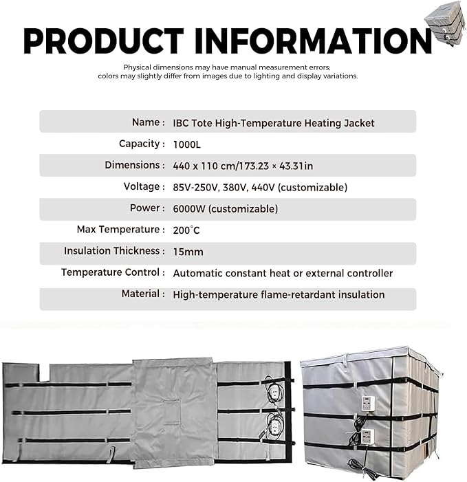IBC Container Heater, IBC Tote Insulation Blanket, 1000L, Smart Temperature Control up to 200°C, IBC Tote Blanket with Thermostat, for Petroleum, Chemical, Food Processing Grey