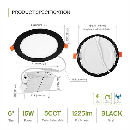 ASD 12 Pack LED Recessed Lighting 6 Inch 15W, 5 CCT 2700K-5000K CRI90+, IC Rated Ultra Thin Dimmable Ceiling Lights with J Box, Canless Wafer Downlight, Round Slim Panel Light, UL Energy Star, Black