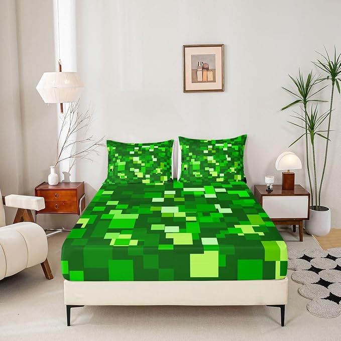 Pixelated Game Kids Queen Size Fitted Sheet,Video Games Abstract Gaming Boys Girls Bed Sheets,Geometric Gamepad Square Room Decor,Light Green Bedding Set,2 Pillowcases(No Flat)