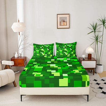 Pixelated Game Kids Queen Size Fitted Sheet,Video Games Abstract Gaming Boys Girls Bed Sheets,Geometric Gamepad Square Room Decor,Light Green Bedding Set,2 Pillowcases(No Flat)