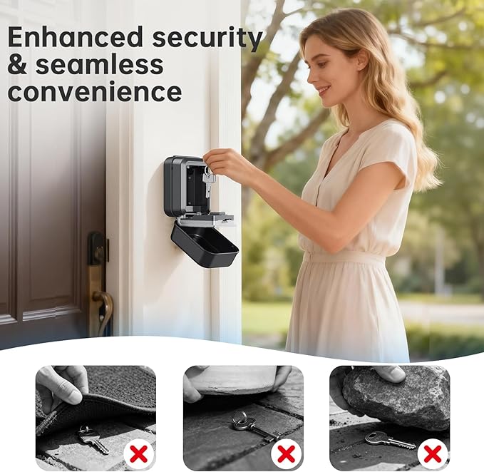 Smart Key Lock Box - Bluetooth APP(Tuya APP) Control & PIN Code, IP65 Weatherproof Wall Mounted Lock Box for Airbnb, Realtor, Home Office, Holds 5 Keys+3 Access Cards