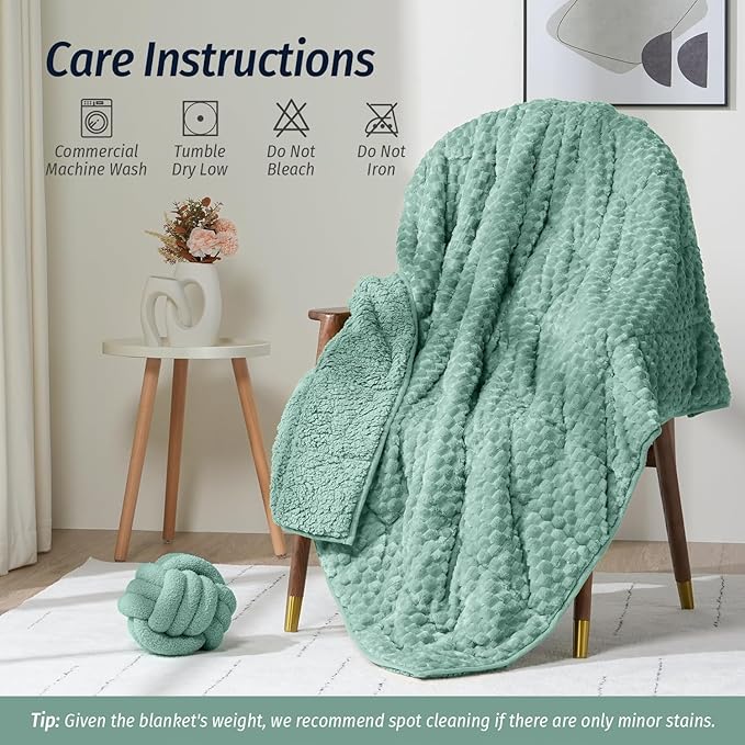 Wemore Fleece Weighted Blanket for Adults (60" x 80" 15lbs, Green), Dual Sided Cozy Soft Sherpa Heavy Blanket, 3D Imitation Turtle Shell Warm Jacquard Flannel Weighted Blankets for Couch and Bed