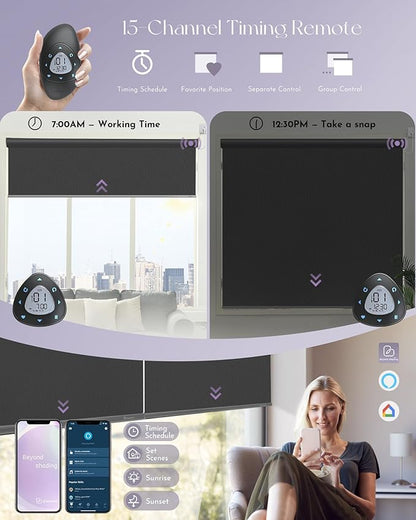 Graywind Motorized Roller Shade 100% Blackout Compatible with Alexa Google Waterproof Vinyl Fabric Remote Control Hardwired Window Shades Window Blinds, Customized Size (Dark Grey)