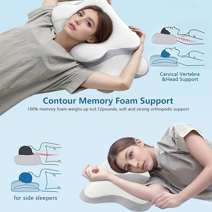 Ergonomic Pillow for Sleep Apnea, Neck Pain, and Snoring Relief | Cervical Neck Pillow for Side Sleepers | Orthopedic Memory Foam with Ergonomic Support, White