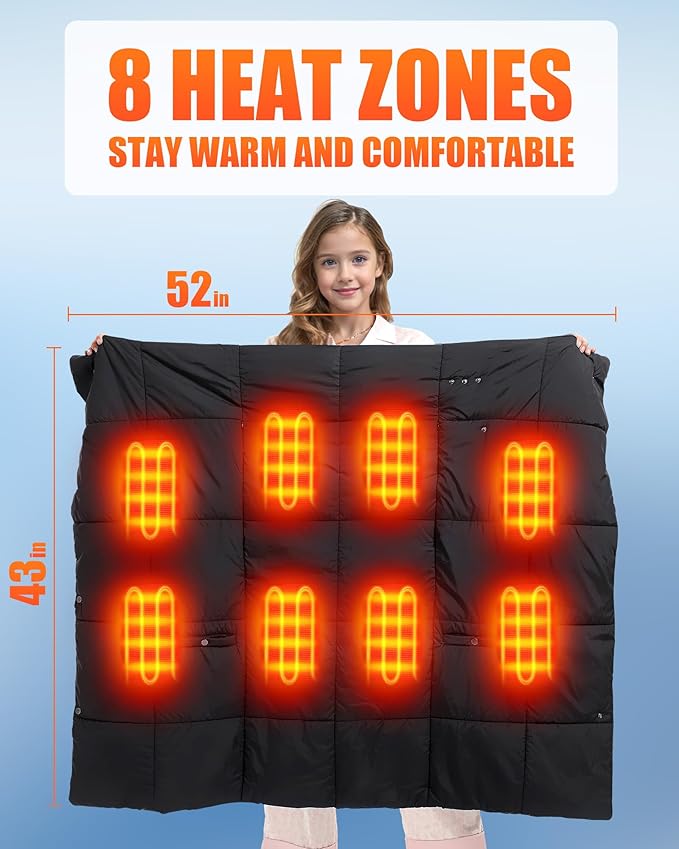 Kids Heated Blanket Battery Operated - Boys and Girls 7.4V DC Portable Cordless USB Heating Blanket for Outdoors