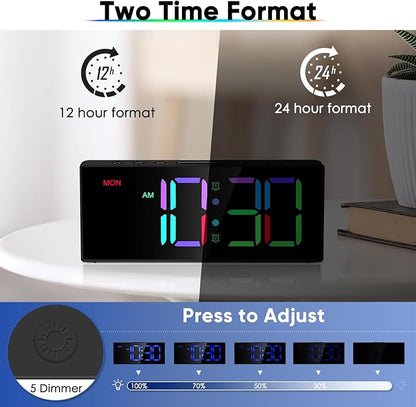 Loud Alarm Clock for Heavy Sleepers, Digital Clocks with Adjustable Volume Brightness,Snooze,Battery Backup, Large Numbers Display RGB Colorful Changing Clock for Bedrooms,Offce Living Rooms