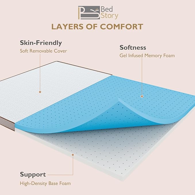 BedStory 4 Inch Gel Memory Foam Mattress Topper Queen Size - Pressure Relief Bed Toppers with Washable Cover and High Density Foam, CertiPUR-US Certified Comfort