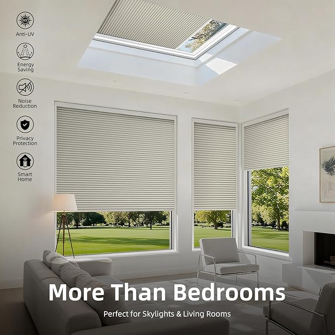 ZSTARR Motorized Skylight Shades Blackout Cellular Honeycomb Electric Blinds with Solar Panel Cordless Rechargeable with Remote for Roof and Slanted Windows Custom Size (BO Printed Milky Grey)