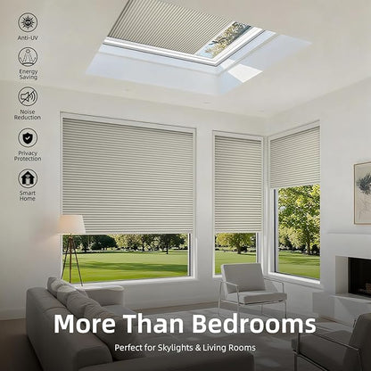 ZSTARR Motorized Skylight Shades Blackout Cellular Honeycomb Electric Blinds with Solar Panel Cordless Rechargeable with Remote for Roof and Slanted Windows Custom Size (BO Printed Milky Grey)
