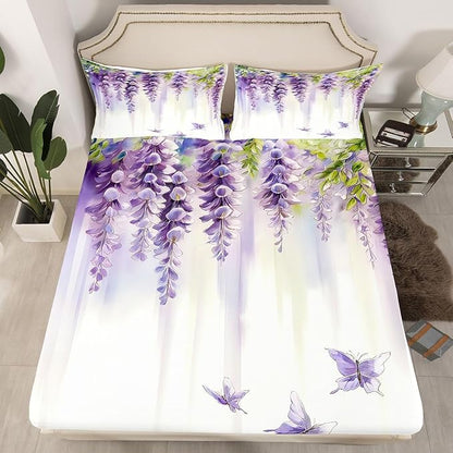 Lavender Boys Girls Bed Sheets,Butterfly Spring Floral Room Decor,Dreamy Lilac Flower Leaves Kids Twin Size Fitted Sheet,Purple Beige Bedding Set,1 Pillowcase(No Flat)