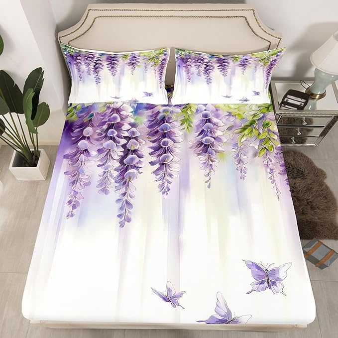Lavender Kids Queen Size Fitted Sheet,Floral Butterfly Spring Boys Girls Bed Sheets,Lilac Flower Leaves Dreamy Room Decor,Purple Bedding Set,2 Pillowcases(No Flat)