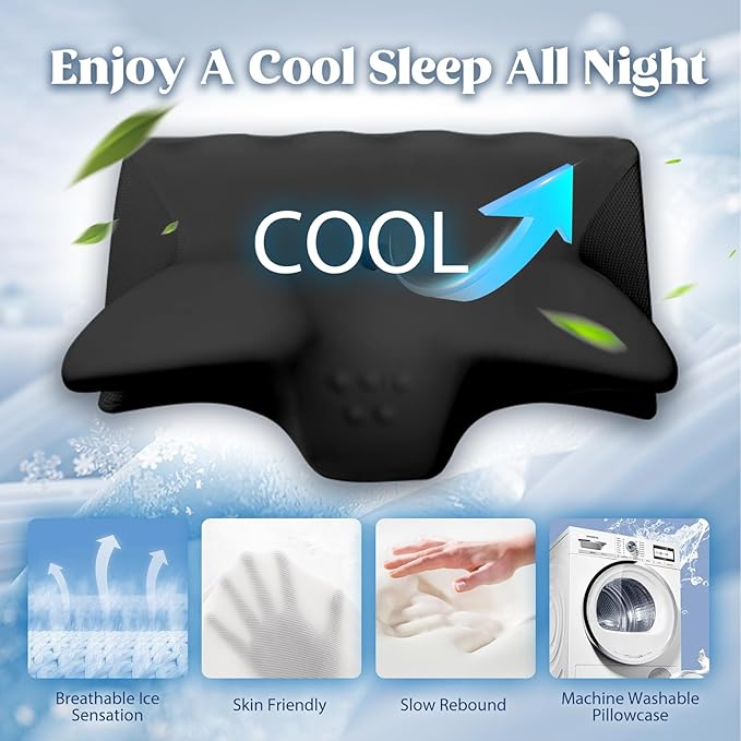 Cervical Pillow for Neck Pain Relief, Cooling Contour Memory Foam Pillows Support Odorless Ergonomic Neck Pillow Adjustable Orthopedic Bed Pillow for Side Back Stomach Sleeper with Pillowcase,Black