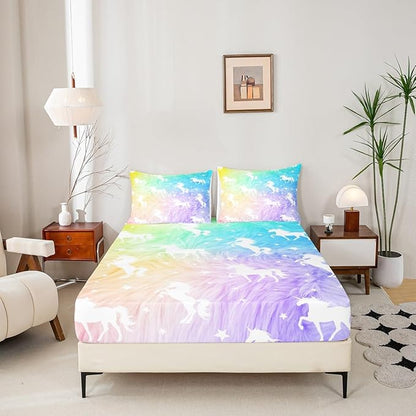 Unicorn Sheet Set Queen Animal Watercolor Bed Sheet Set 4pcs with Deep Pocket Fitted Sheet + Flat Sheet + 2 Pillowcases Rainbow Fantasy Princess Style Soft Bedding Set for Kids Teens Girls Room Decor