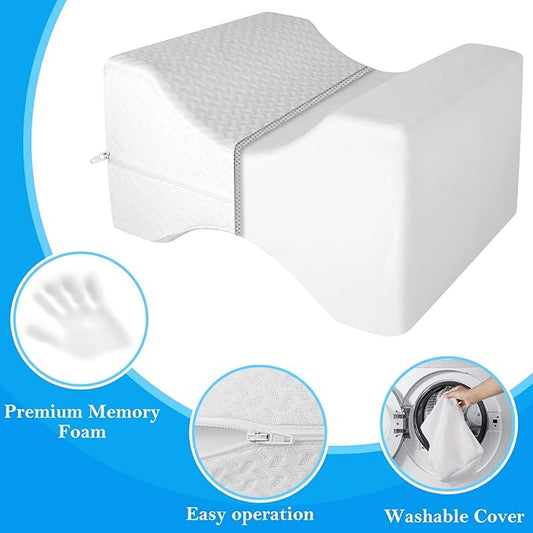 BlissTrends Memory Foam Knee Pillow, Knee Pillow for Side Sleepers, Leg Pillows for Sleeping Blood Circulation, Elevation Pillow for Spine Aligning, Sciatica, Hip, Knee, Ankle Pain, White, Medium
