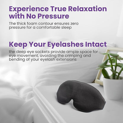 3D Sleep Mask - Light Blocking Silk Sleeping Mask for Men and Women with Deep Eye Socket, Eyelash Protector Sleep Mask - Premium Foam, Adjustable Eye Mask with Silky Pouch