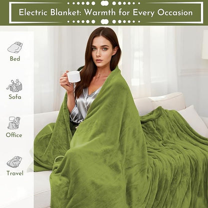 Electric Heated Blanket 72"x84" Full Size Flannel Heated Blanket, Cozy & Warm for All Night, 5 Heat Settings & 10 Hours Auto Off, Machine Washable, Light Grass Green