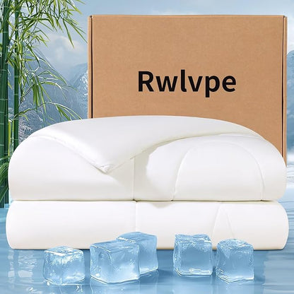 Rwlvpe Cooling Comforter Queen Size, 100% Rayon Derived from Bamboo Shell, Cooling Blanket for Hot Sleepers, Q-Max>0.48 Breathable Bamboo Fill Duvet Insert (90"x90", White)