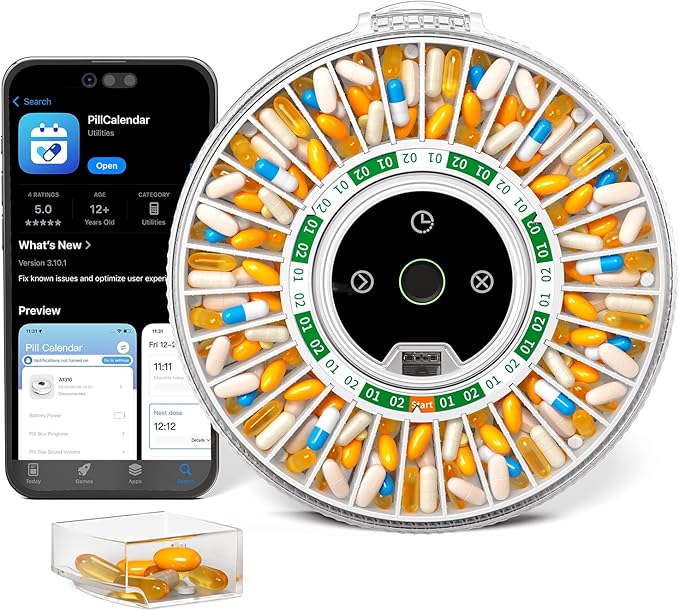 Betife Automatic Pill Dispenser for Elderly with Alarm – 31-Day Smart Bluetooth Pill Box, App Support, Fingerprint + Key Dual Lock, Arthritis-Easy Open, Plug-in/Battery Backup, Monthly Timer Dispenser