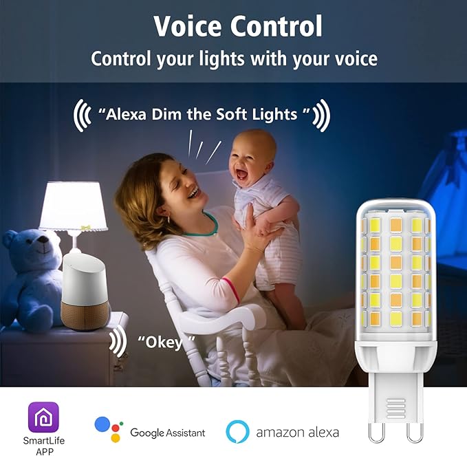 YUIIP Smart Dimmable LED Light Bulb, 4W G9, Replacement 40W Halogen, Wi-Fi & Voice Control, 400Lm, 2700K-6000K, 4 Pack
