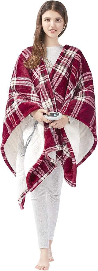 Beautyrest Wearable Electric Poncho Wrap Blanket, Ultra Soft Sherpa & Berber Fleece Heated Throw, UL Certified & OEKO-TEX, 3 Heat Settings & 2 Hour Auto Shutoff, Gift-Ready, 50" x 64", Red Plaid