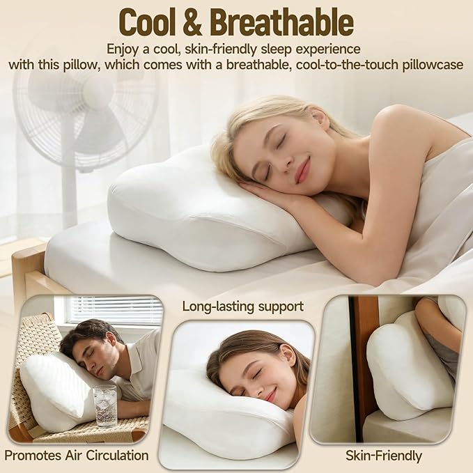 Cloud Pillow - Ergonomic Memory Foam Pillows, Zen Fluff Sleep Pillow with Neck & Shoulder Support, Adjustable Contour Neck Support for Side, Back, Stomach Sleepers, Breathable Anti-Wrinkle Pillowcase