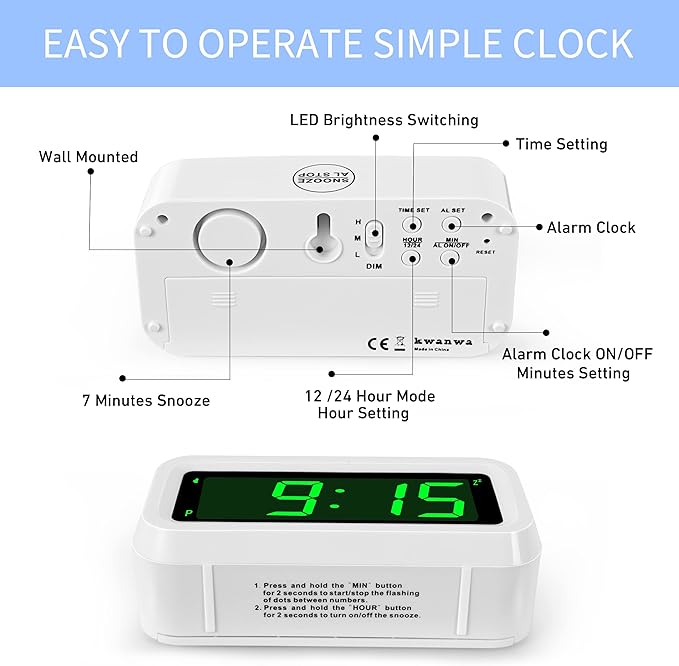 KWANWA 12 Inch Large Display Digital Alarm Clock for Kids & Adults, Dimmable LED Clock with Adjustable Brightness, Easy Snooze, Battery Operated Cordless Desk Clock for Bedroom, Kitchen, (White