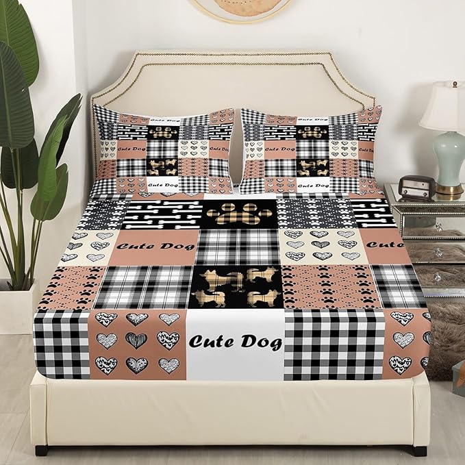 Cute Dog Fitted Bottom Sheet Full Size,Cartoon Puppy Paw Print Sheet Set Soft Polyester Bedding(No Top Sheet),Splicing Geometric Cute Dog Animal Bed Cover(1 Fitted Sheet+2 Pillow Cases)