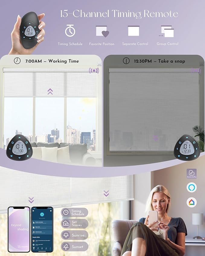 Graywind Motorized Light Filtering Shades Compatible with Alexa Google Hardwired WiFi Smart Half Shading Remote Control Automated Blinds Electric Window Shades, Custom Size (Mixwave Grey)