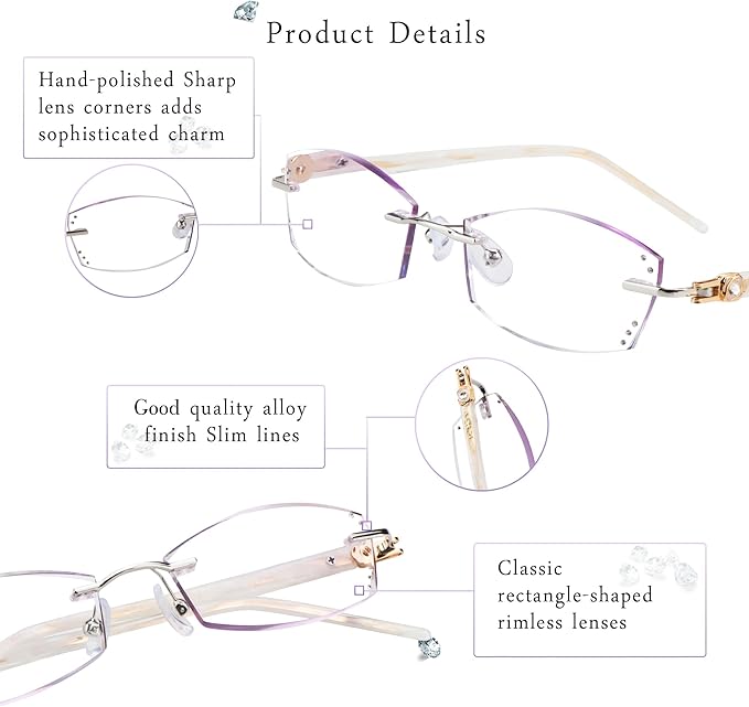 LifeArt Blue Light Blocking Glasses,Computer Reading Glasses,Rimless Frame Tinted Lens with Diamond,Stylish for Women(+2.00 Magnification)
