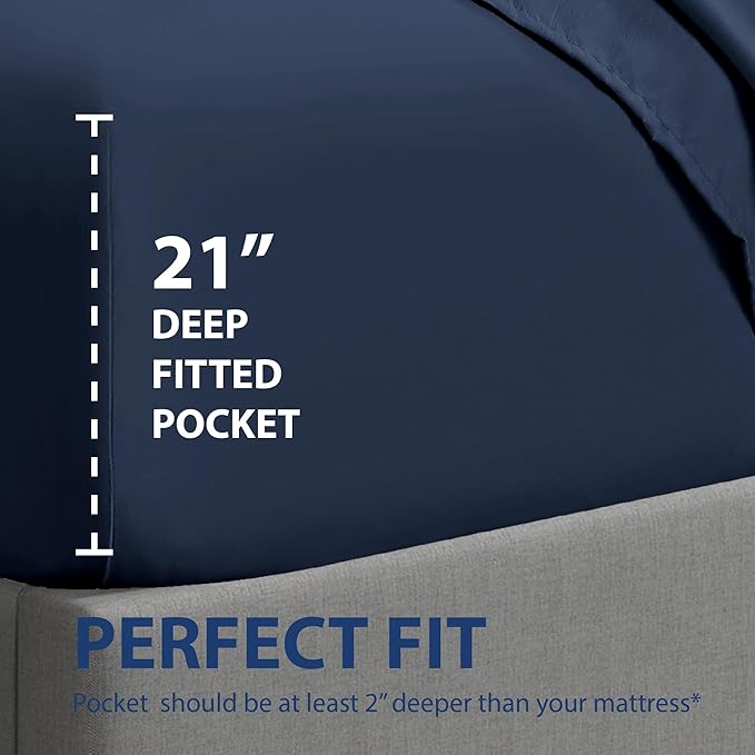 Cathay Home Twin XL Fitted Sheet - Double Brushed Ultra Soft – Wrinkle & Fade Resistant - 16" Deep Pocket Fitted Sheet Only - Good Fit for 14"-18" Deep Mattress (Twin XL, Navy)
