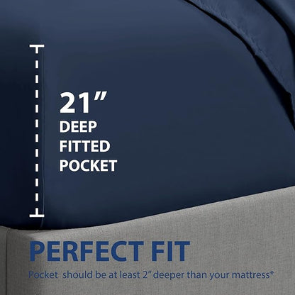 Cathay Home Twin XL Fitted Sheet - Double Brushed Ultra Soft – Wrinkle & Fade Resistant - 16" Deep Pocket Fitted Sheet Only - Good Fit for 14"-18" Deep Mattress (Twin XL, Navy)