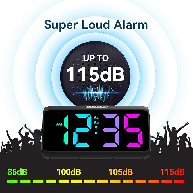 Netzu Loud Alarm Clock for Heavy Sleepers, Plug-in RGB Vibrating Alarm Clocks with Bed Shaker, 5 Dimmers, 2 Alarms and Snooze for Bedrooms Hearing Impaired Deaf Adults (Black)