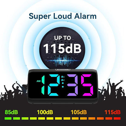 Netzu Loud Alarm Clock for Heavy Sleepers, Plug-in RGB Vibrating Alarm Clocks with Bed Shaker, 5 Dimmers, 2 Alarms and Snooze for Bedrooms Hearing Impaired Deaf Adults (Black)