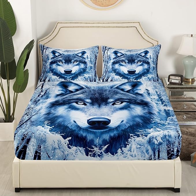 Manfei Wolf Sheet Set Full,Winter Tree Bed Sheet Set 4pcs with Deep Pocket Fitted Sheet + Flat Sheet + 2 Pillowcases Plant Animal Theme Soft Warm Bedding Set for Kids Teenss Room Decor