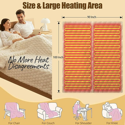Heated Blanket Electric Blanket Heating, Dual Control Soft Ribbed Faux Fur Electric Blanket with 12 Heat Levels 12H Timer ETL FCC Certified Machine Washable (White, King | 90" x 100")