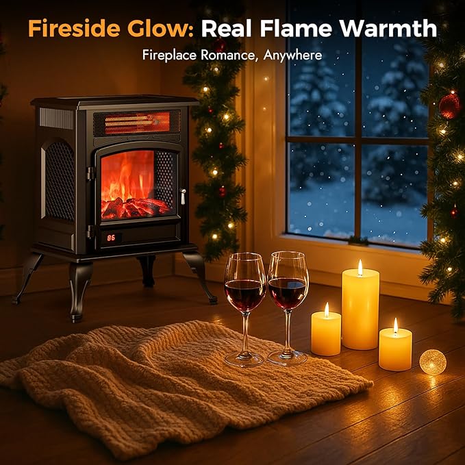 Electric Fireplace Stove Heater - Freestanding Electric Fireplace Heater with 3D Flame Effect, 1500W Infrared Electric Stove Heater for Indoor Use with Thermostat, Tip-Over&Overheat Protection
